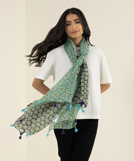 Womens Blue/Green Polyester Printed West Scarf