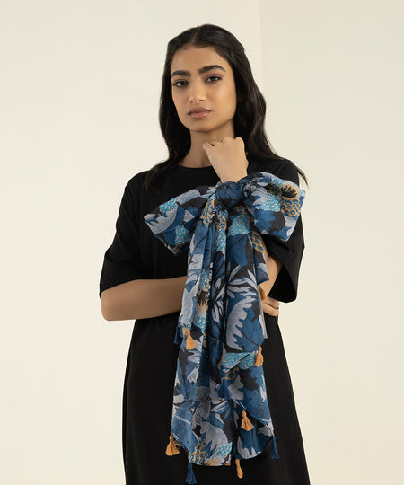 Womens Blue Polyester Printed West Scarf
