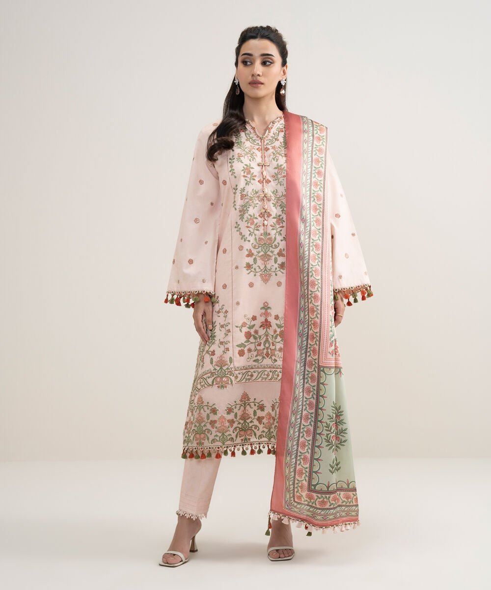 Women's Unstitched Lawn Embroidered Pink 3 Piece Suit