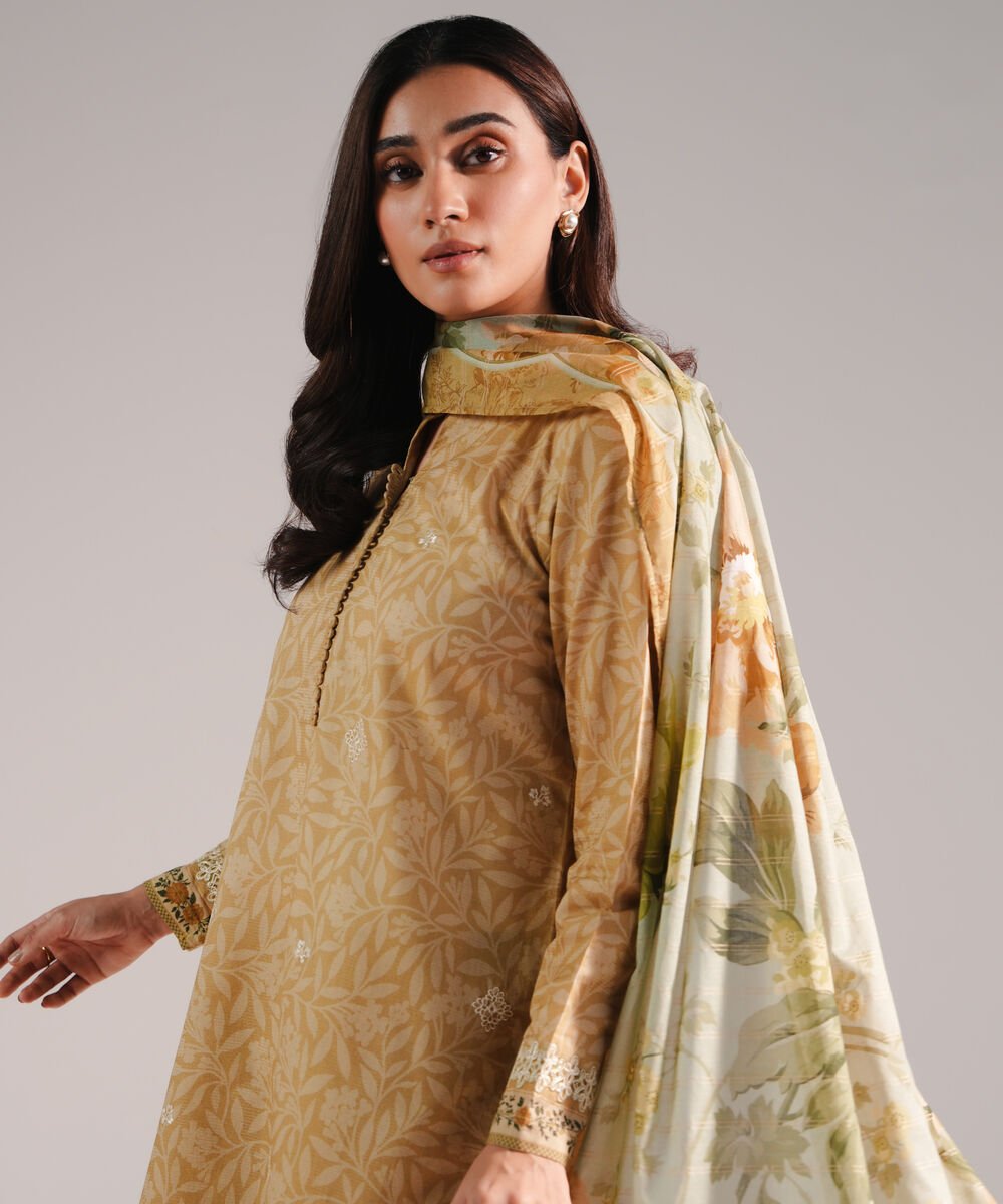 Women's RTW Lawn Printed Dark Beige 3 Piece Suit