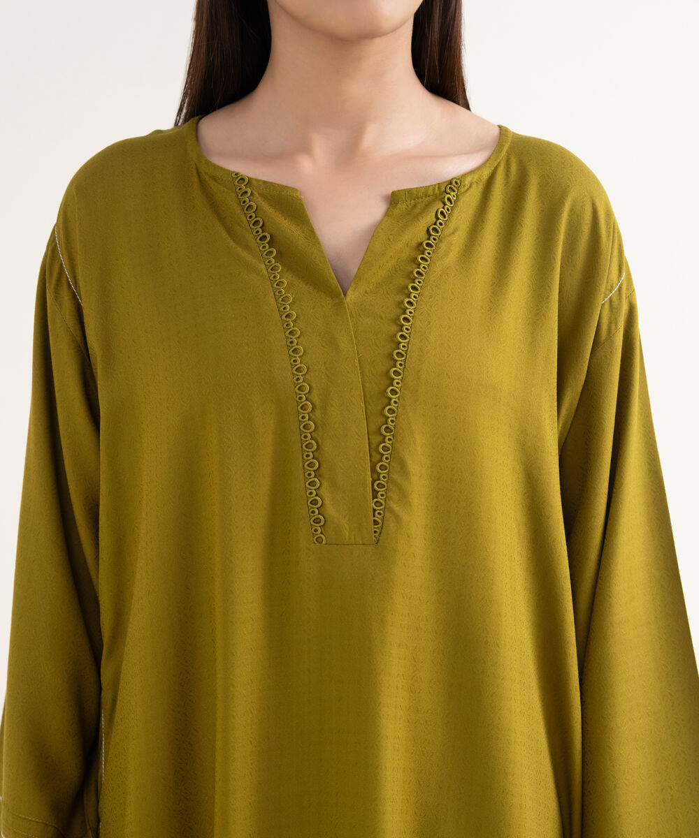 Women's RTW Textured Arabic Green Solid Drop Shoulder Shirt