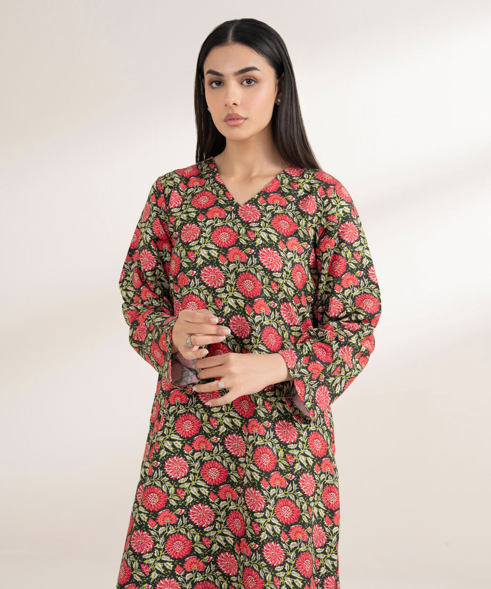 Women's RTW Arabic Khaddar Printed Straight Black Shirt