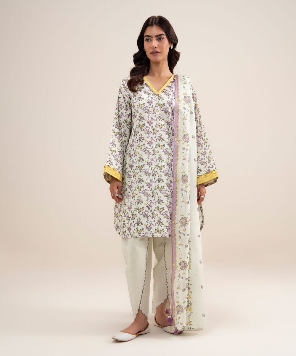 Women's Unstitched Lawn Printed Off White 3 Piece Suit