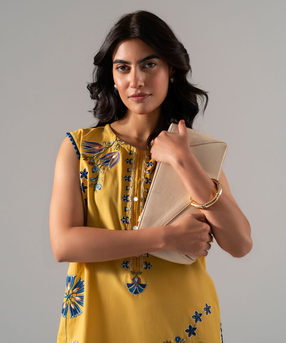 Women's RTW Solid Embroidered Yellow Cotton Viscose Shirt
