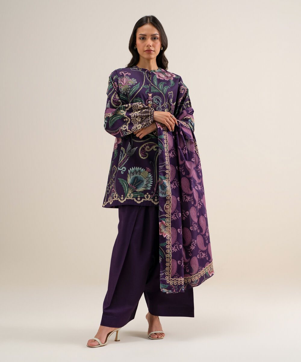 Women's Unstitched Printed Cotton Viscose Purple 3 Piece Suit
