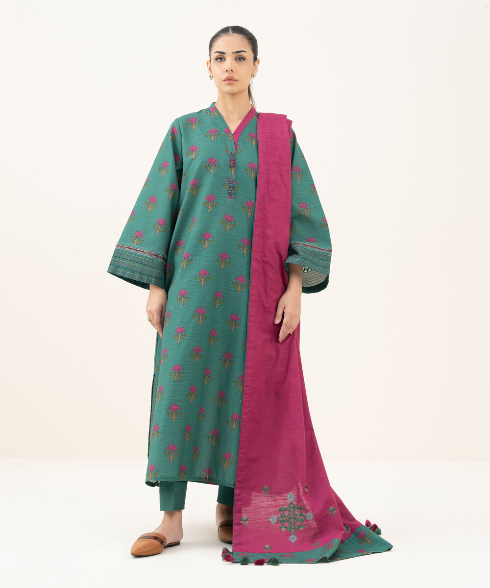 Women's Unstitched Printed Khaddar Teal Green 3 Piece Suit