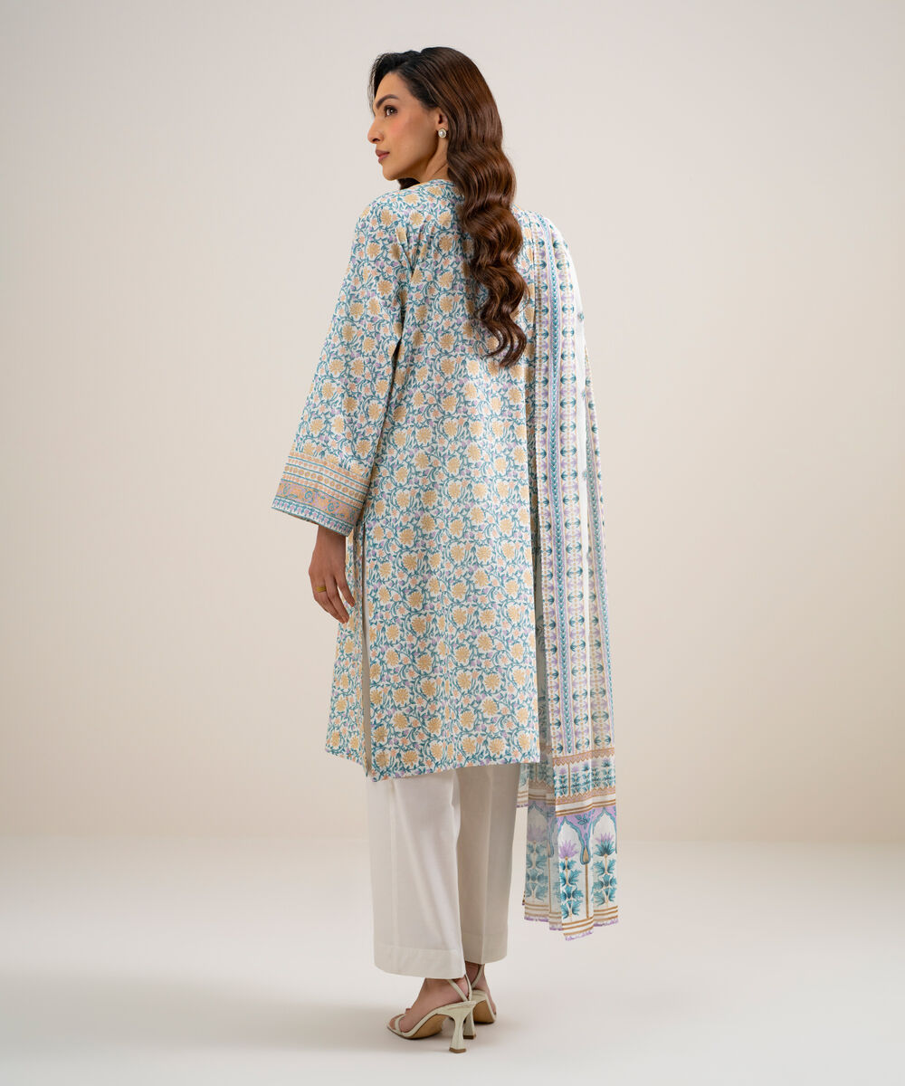Women's Unstitched Lawn Embroidered Lime Yellow and Light Green 3 Piece Suit