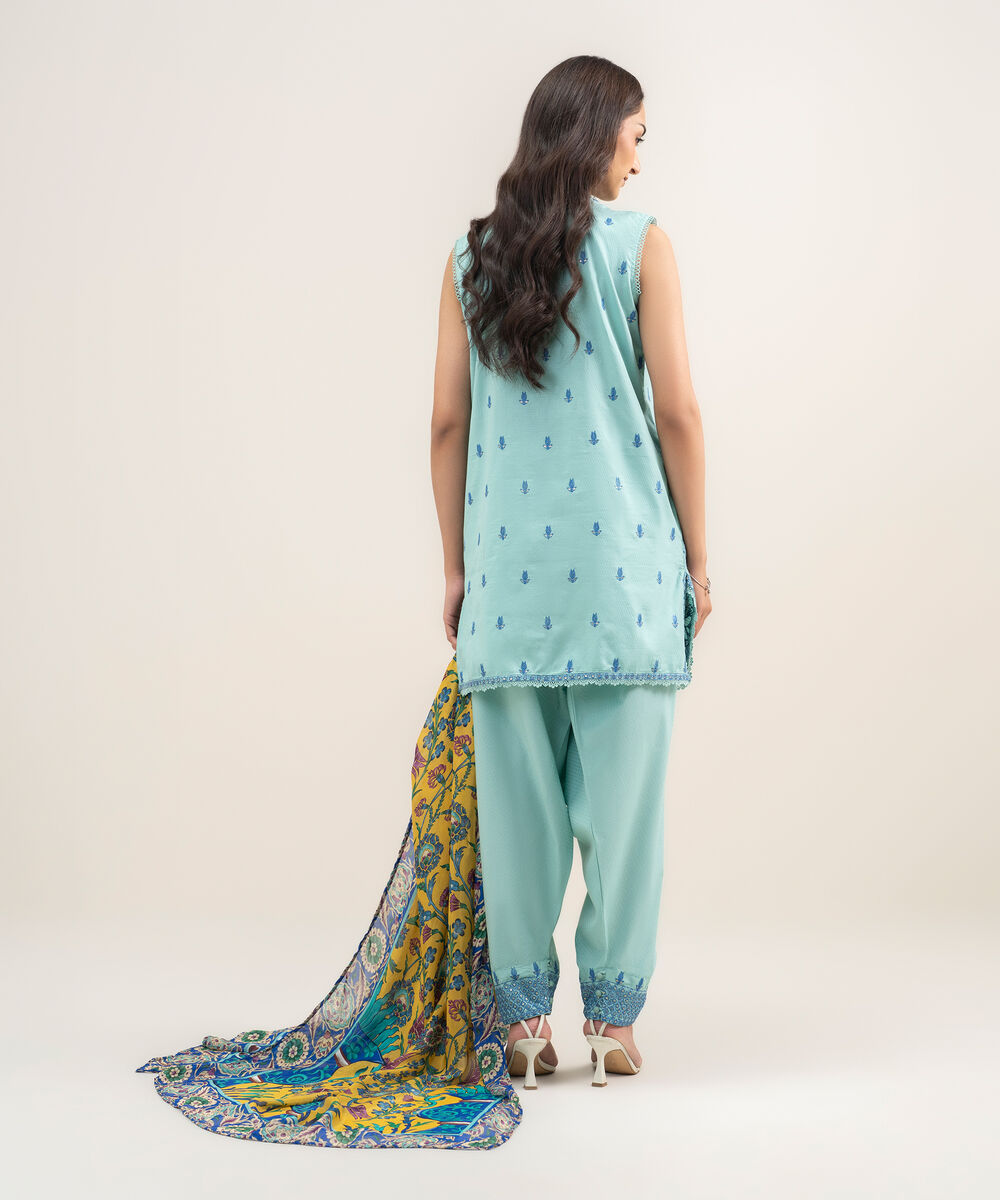 Women's RTW Dobby Embroidered Turquoise 3 Piece Suit