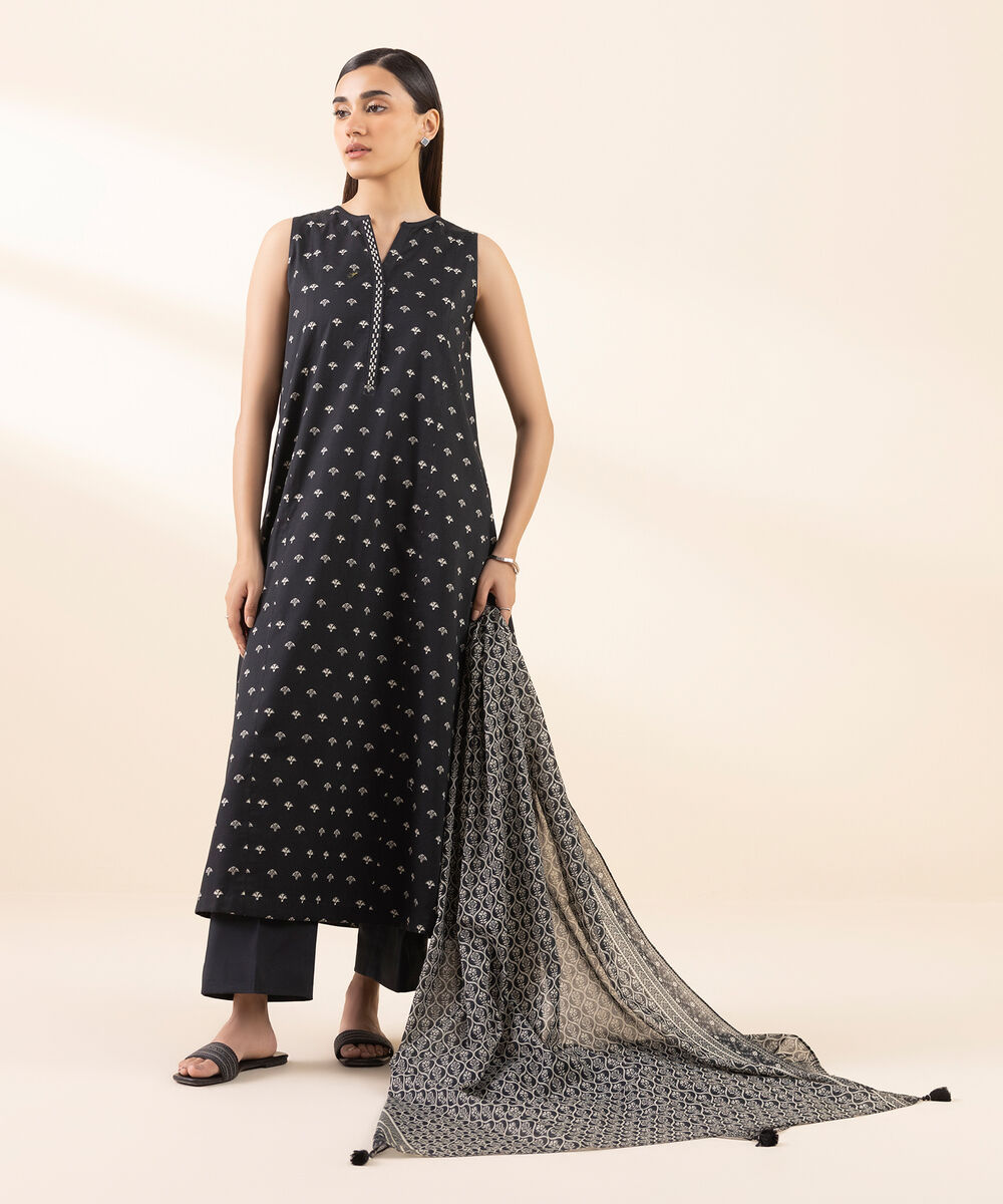 Women's Unstitched Lawn Printed Black 3 Piece Suit