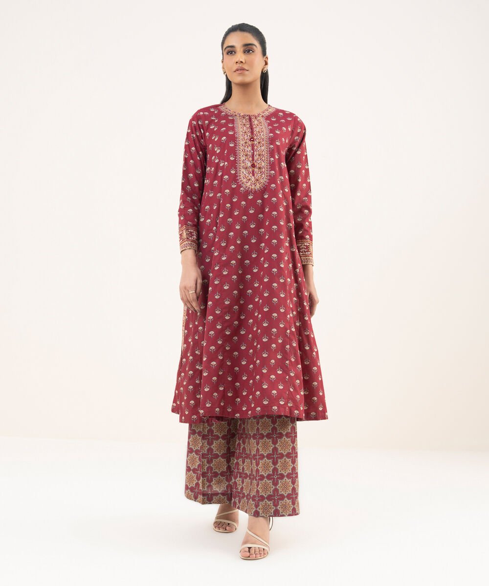 Women's RTW Cambric Maroon Embroidered A-Line Shirt