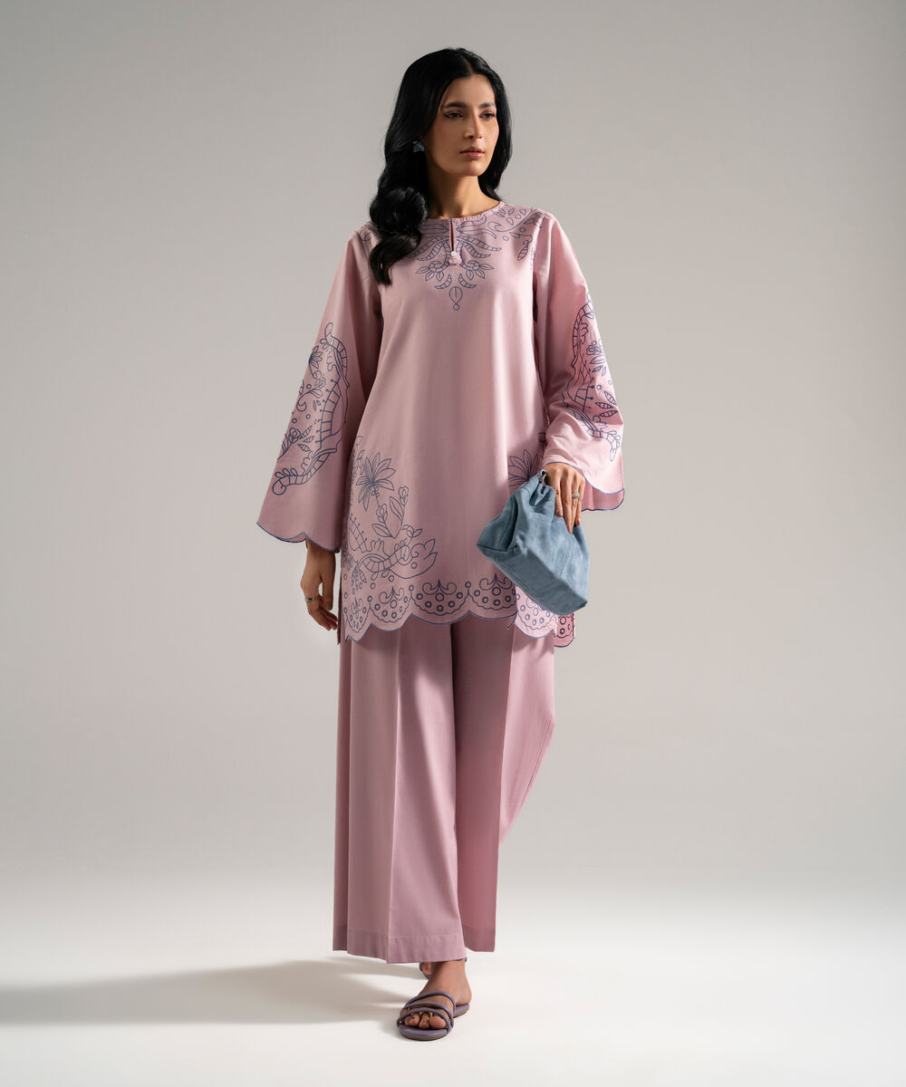 Women's RTW Slub Lawn Printed Pink 2 Piece Suit