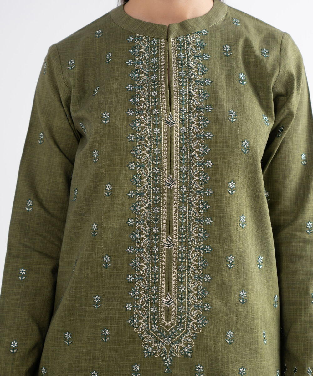 Women's Unstitched Cross Hatch Embroidered Green 3 Piece Suit