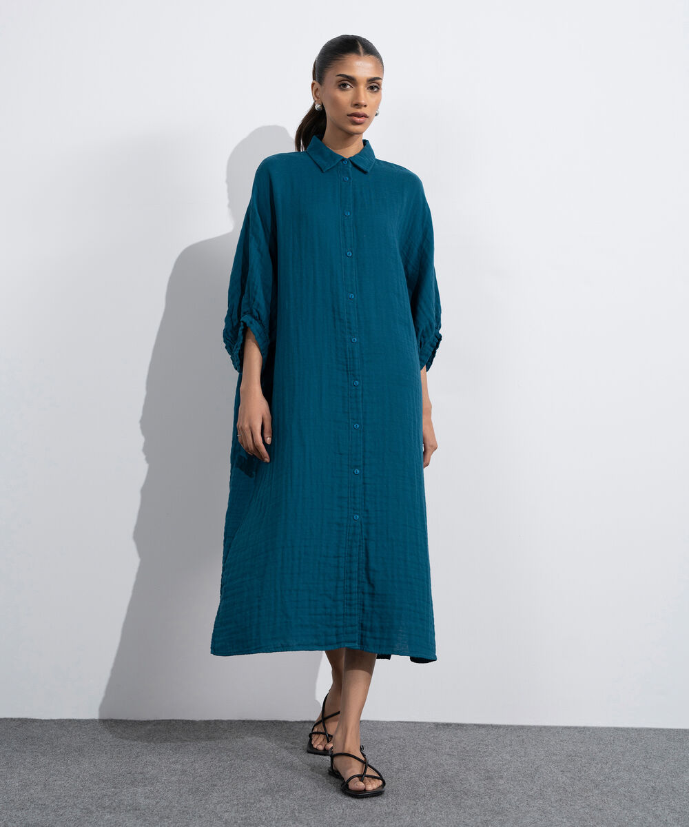 Women's Western Multi Batwing Sleeve Cotton Muslin Dress