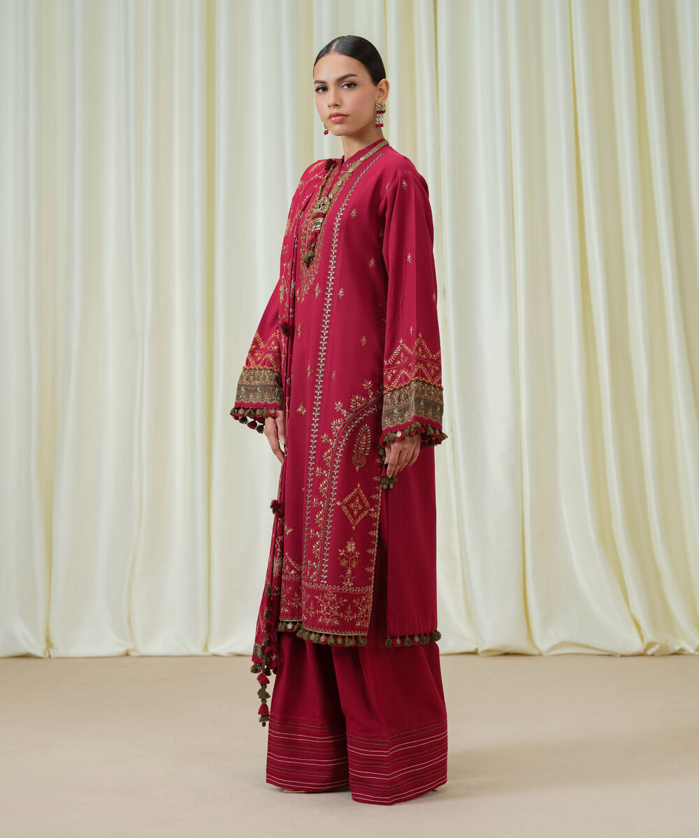 Women's Unstitched Cotton Karandi Embroidered Red 3 Piece Suit