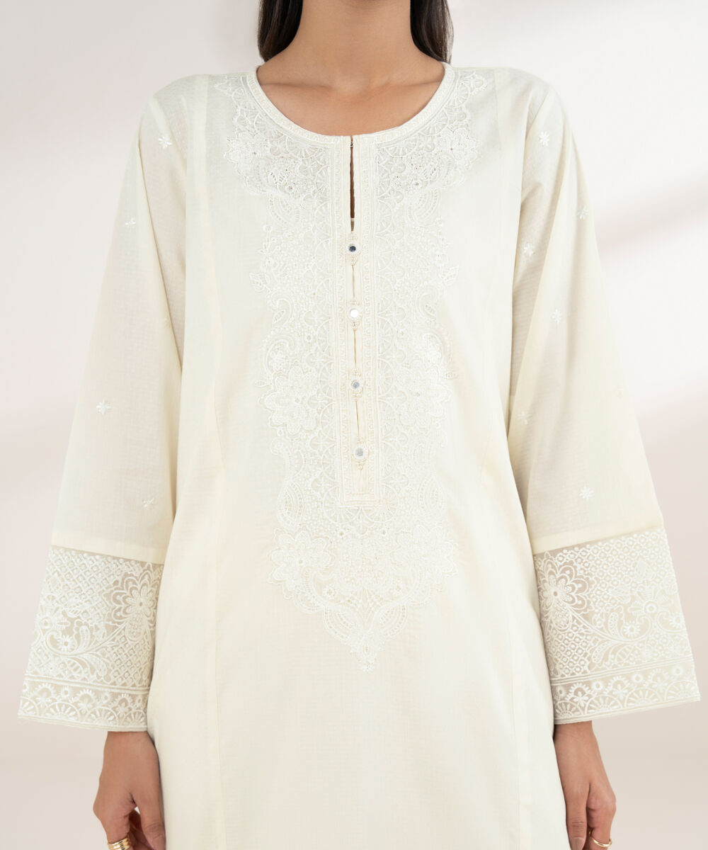 Women's RTW Dobby Beige Embroidered A-Line Shirt