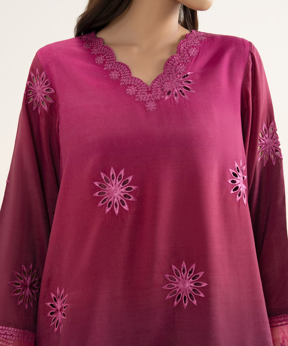 Women's RTW Viscose Raw Silk Embroidered Purple Straight Shirt