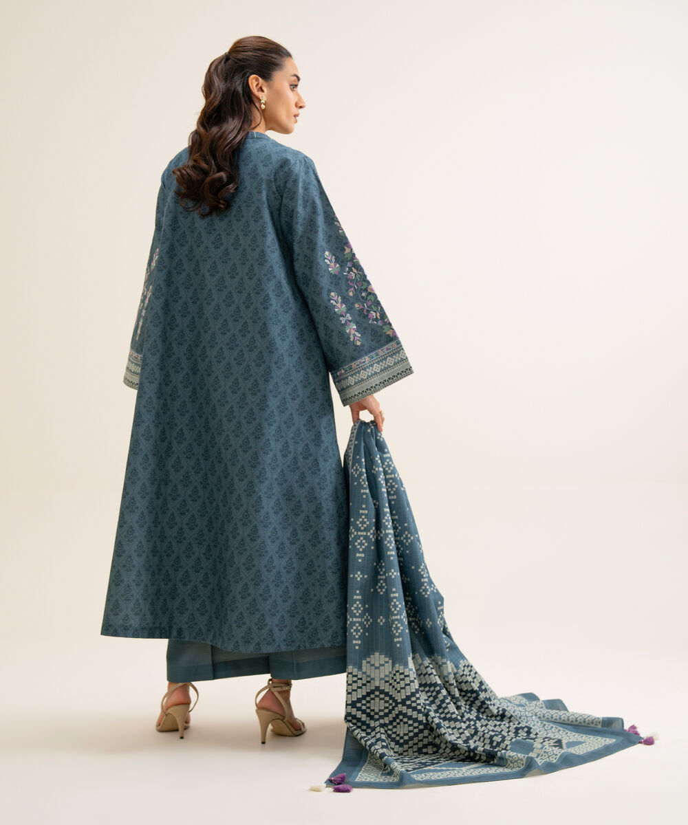 Women's Unstitched Light Khaddar Embroidered Blue 3 Piece Suit