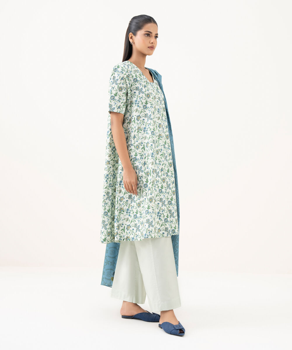 Women's Unstitched Cotton Printed Off White Three Piece Suit