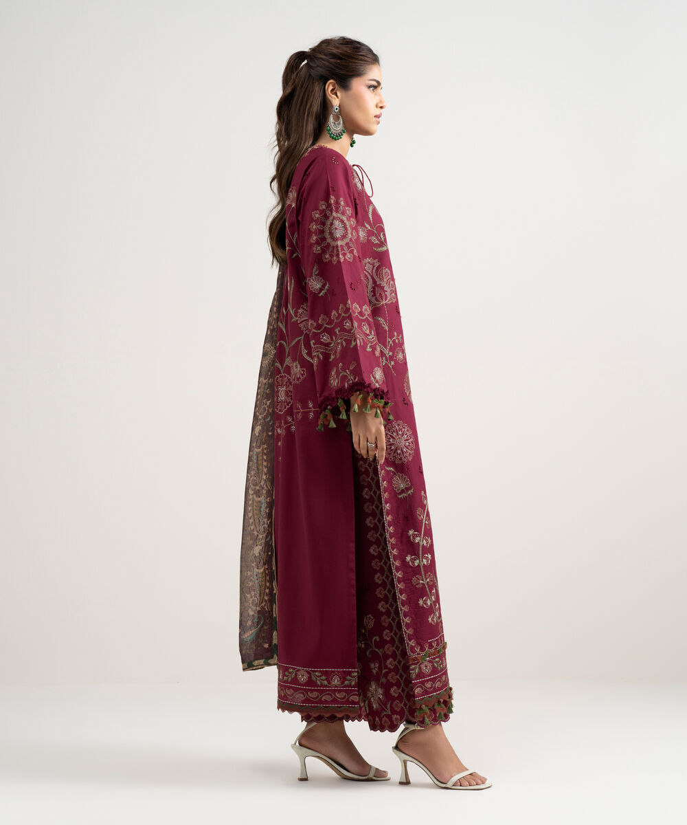 Women's Unstitched Textured Lawn Embroidered Pink 3 Piece Suit