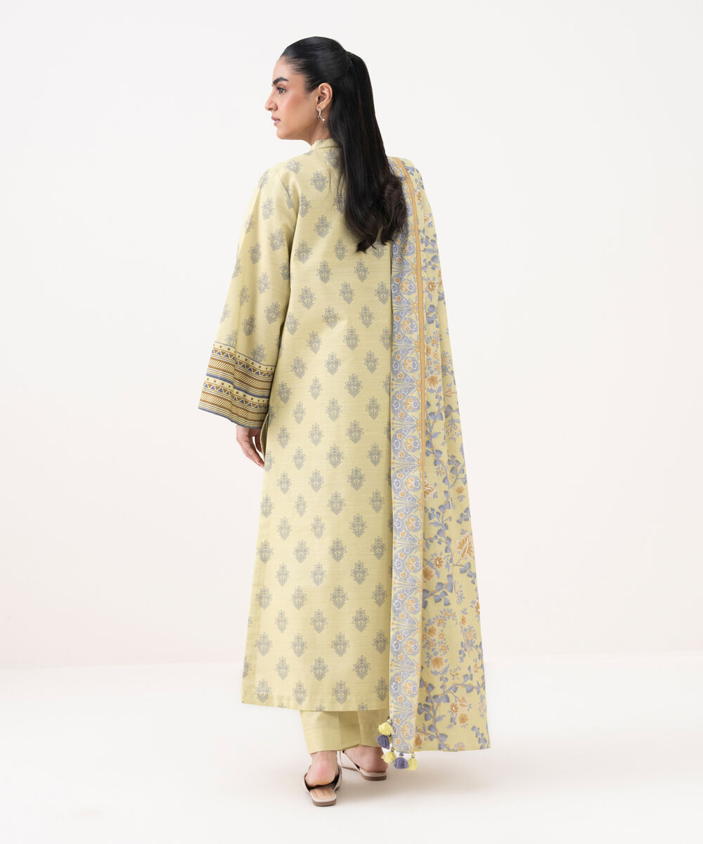 Women's Unstitched Cotton Printed Yellow 3 Piece Suit
