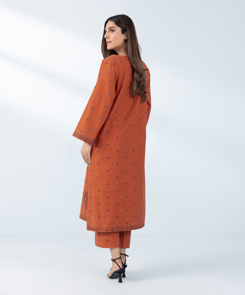 Women's Orange 2 Piece Embroidered Khaddar Suit