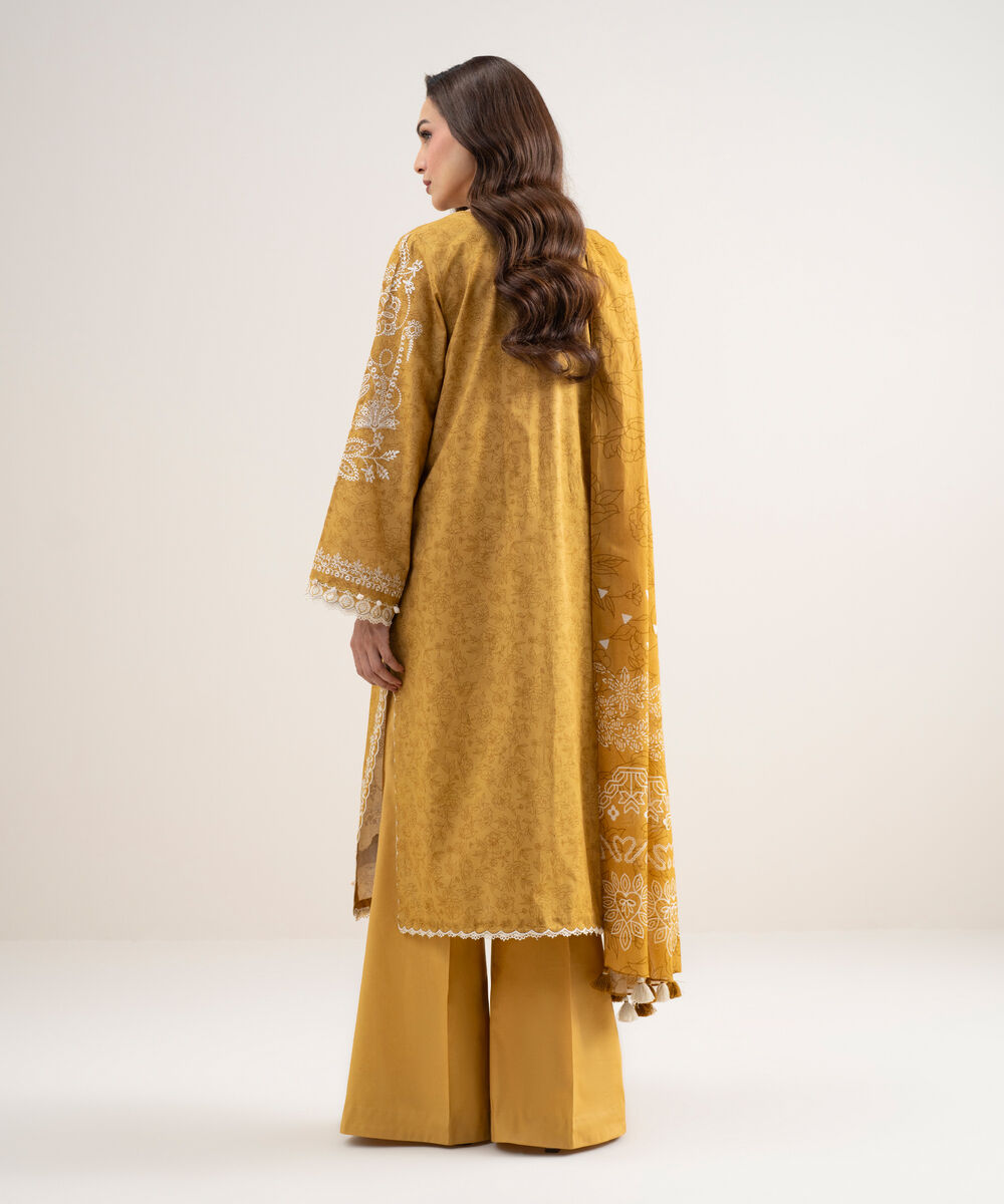 Women's Unstitched Lawn Embroidered Mustard 3 Piece Suit