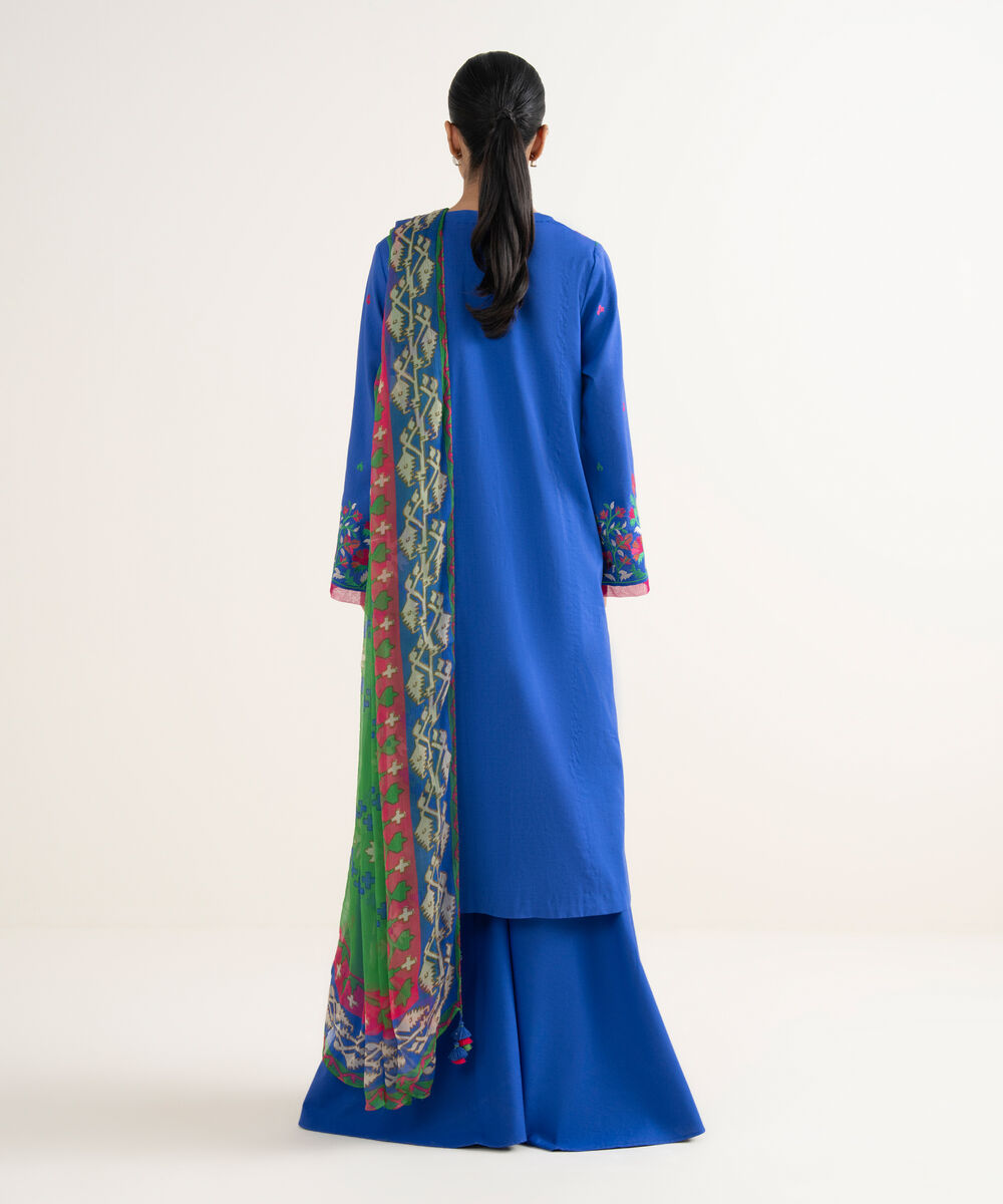 Women's Unstitched Cotton Viscose Embroidered Blue 3 Piece Suit