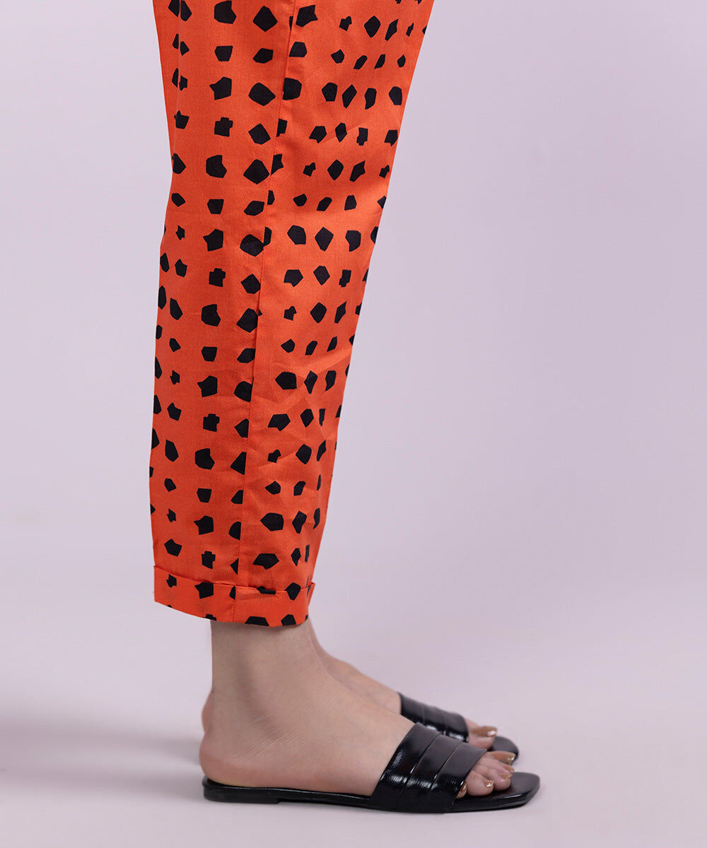 Women's Pret Cambric Printed Orange Cigarette Pants
