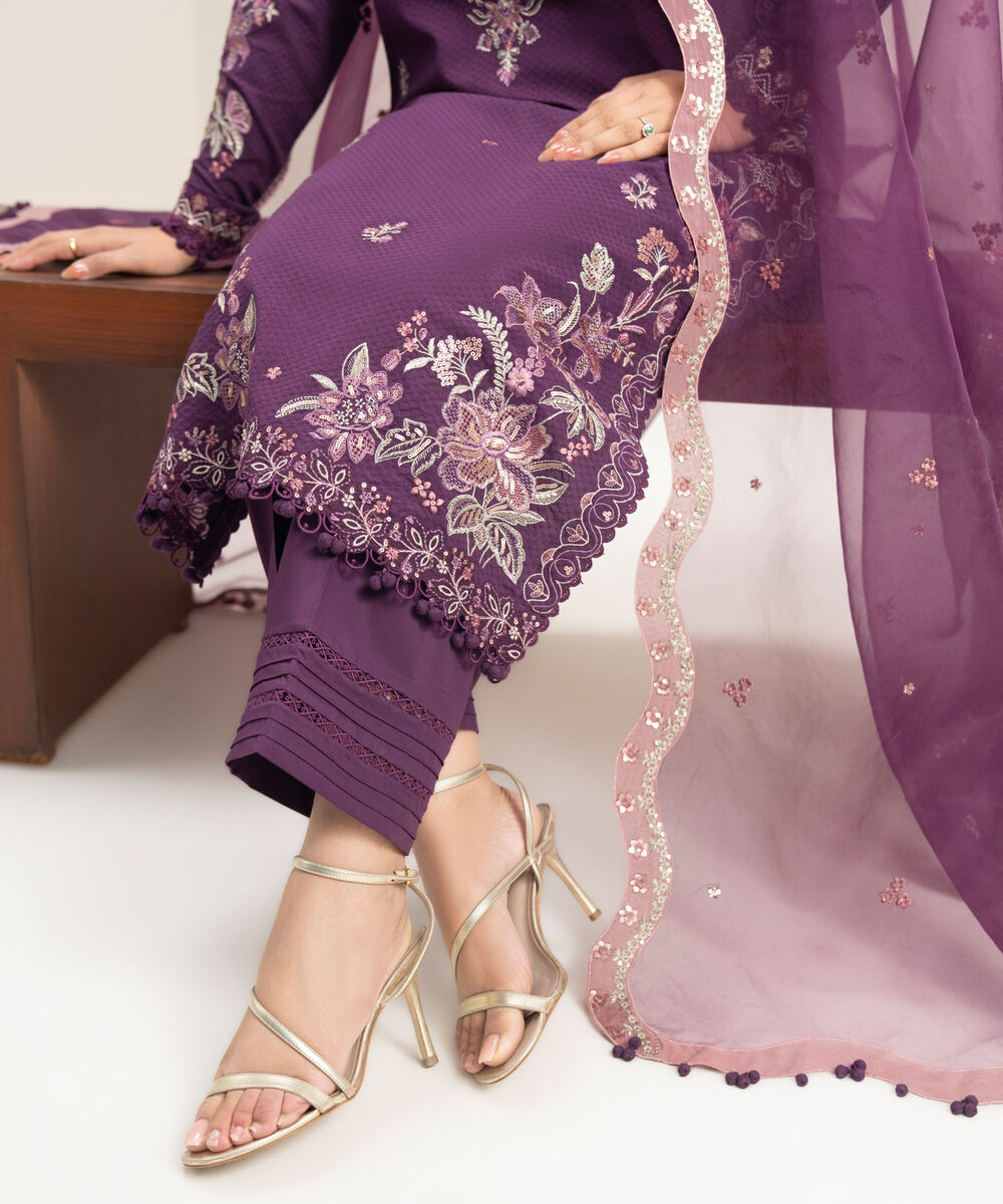 Women's Unstitched Lawn Embroidered Purple 3 Piece Suit