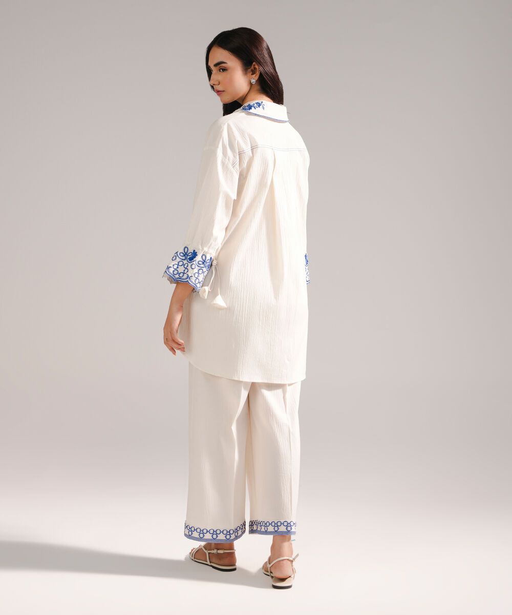 Women's RTW Seersucker Embroidered Off White Straight Shirt