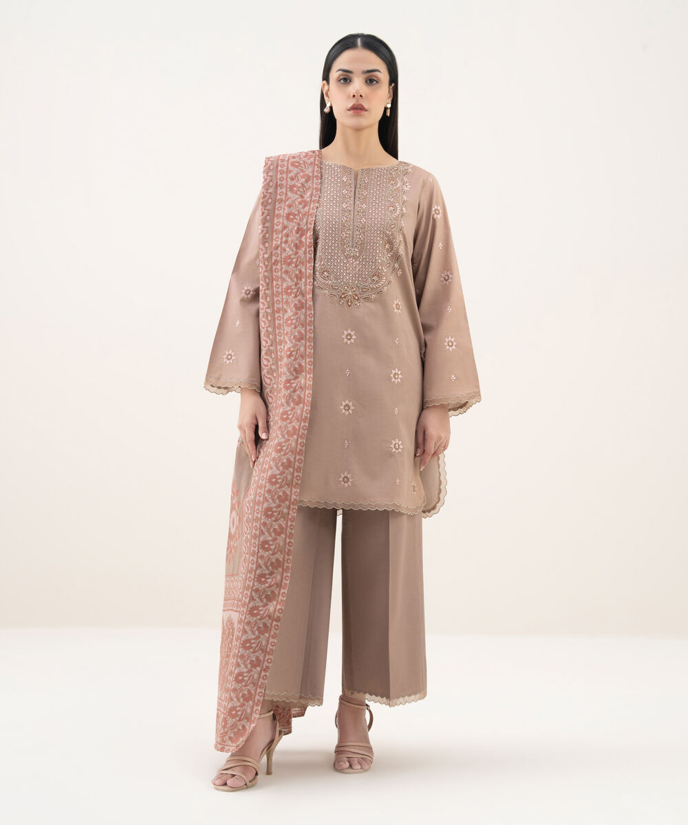 Women's Unstitched Cotton Embroidered Pink 3 Piece Suit