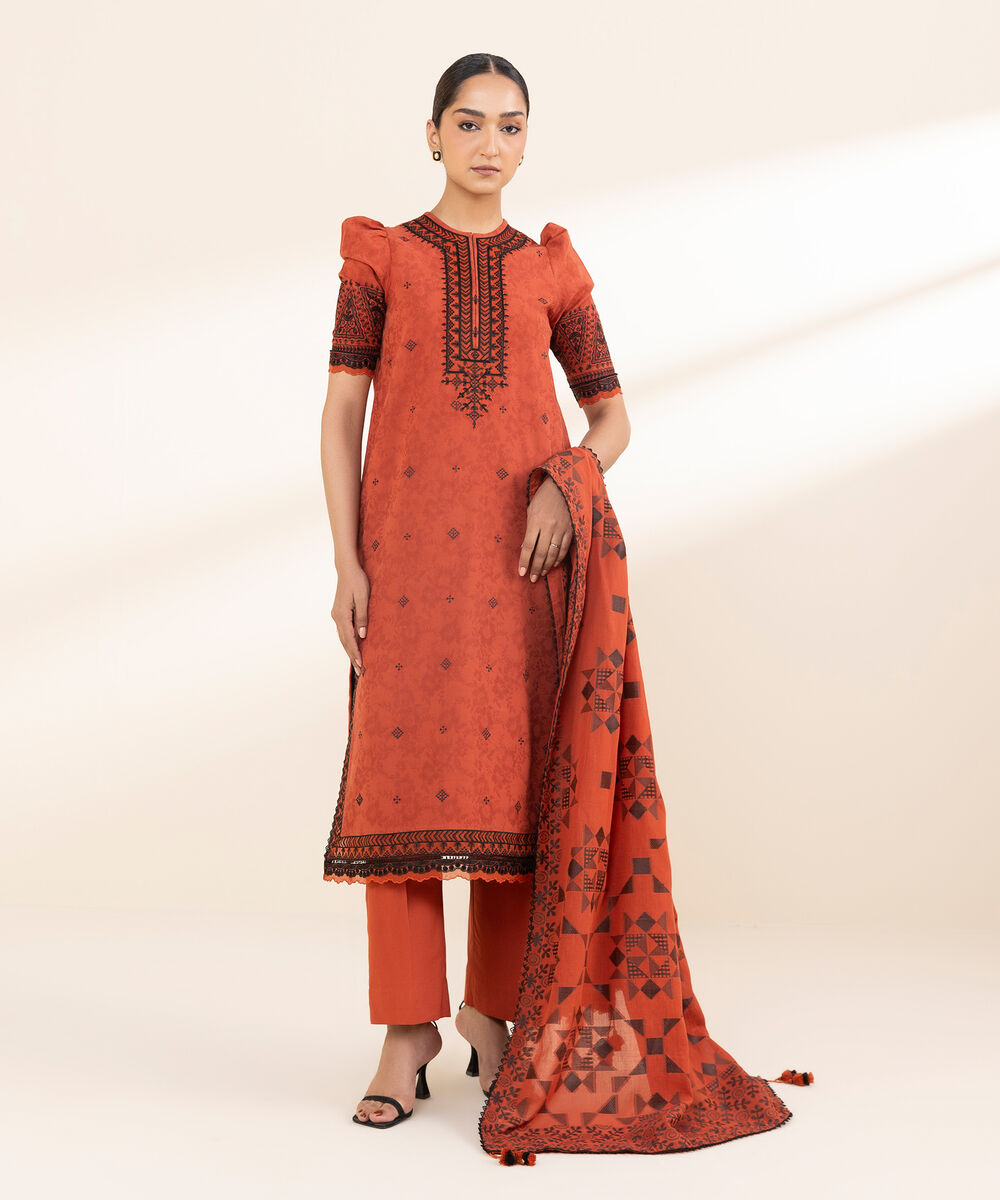 Women's Unstitched Cotton Jacquard Embroidered Red 3 Piece Suit