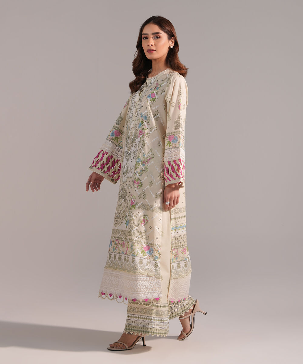 Women's RTW Lawn Embroidered Light Green A-Line Shirt