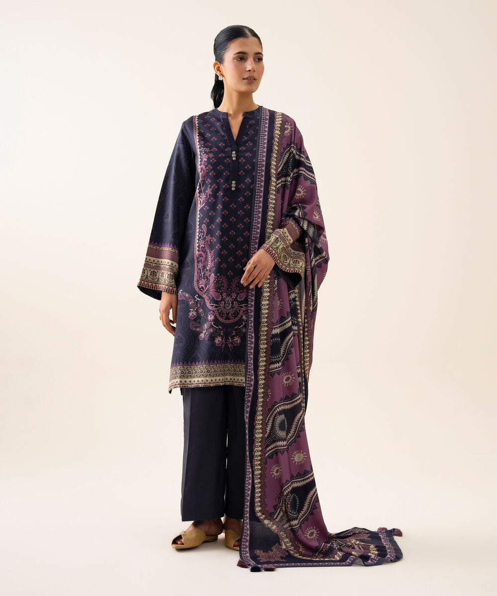 Women's Unstitched Viscose Linen Printed Blue 3 Piece Suit