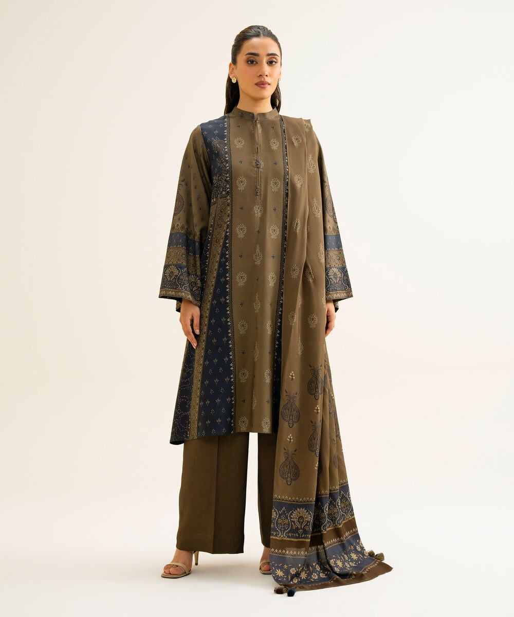 Women's Unstitched Viscose Linen Printed Brown 3 Piece Suit