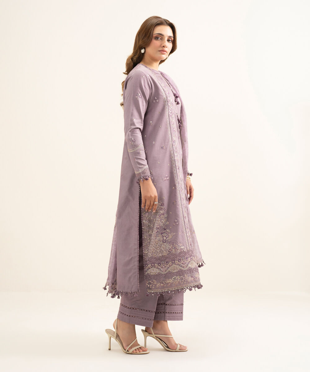 Women's Unstitched Fine Cotton Satin Embroidered Purple 3 Piece Suit