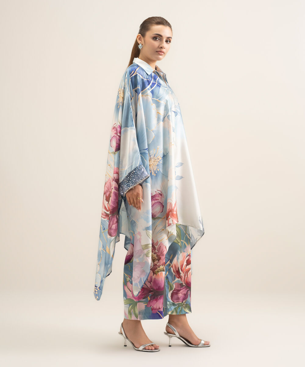 Women's RTW Blended Satin Printed Multi 2 Piece Suit