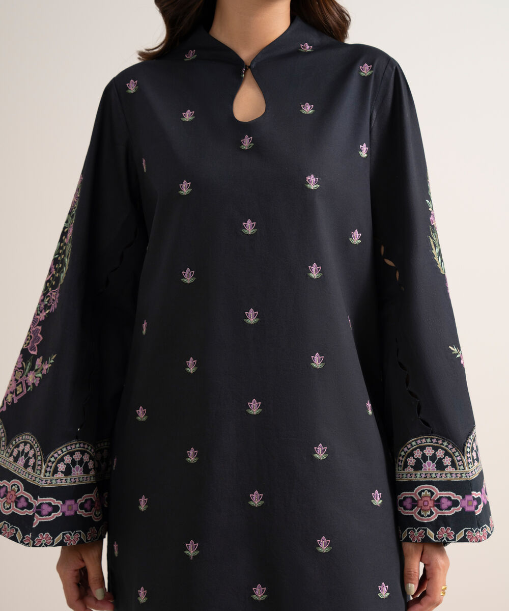 Women's Unstitched Embroidered Cotton Black 3 Piece Suit