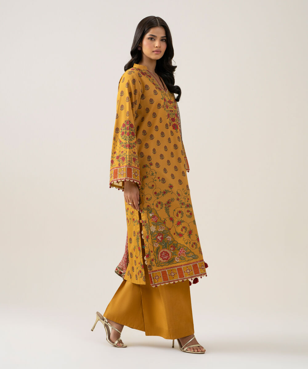 Women's Unstitched Bemberg Tissue Printed Mustard 3 Piece Suit