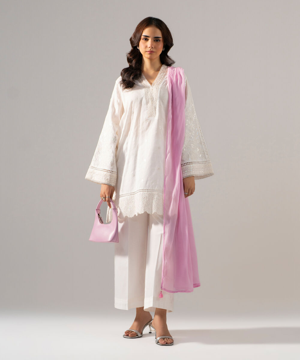 Women's RTW BEmbroidereder Georgette Chiffon Solid Pink Dupatta