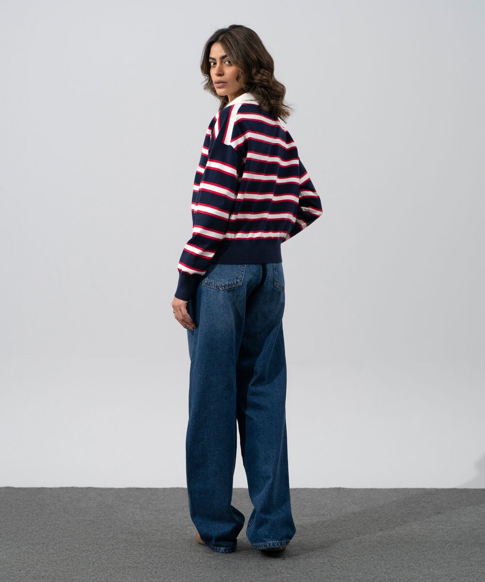 Women's Western Wear Navy Blue And Red Striped Polo Neck Sweater