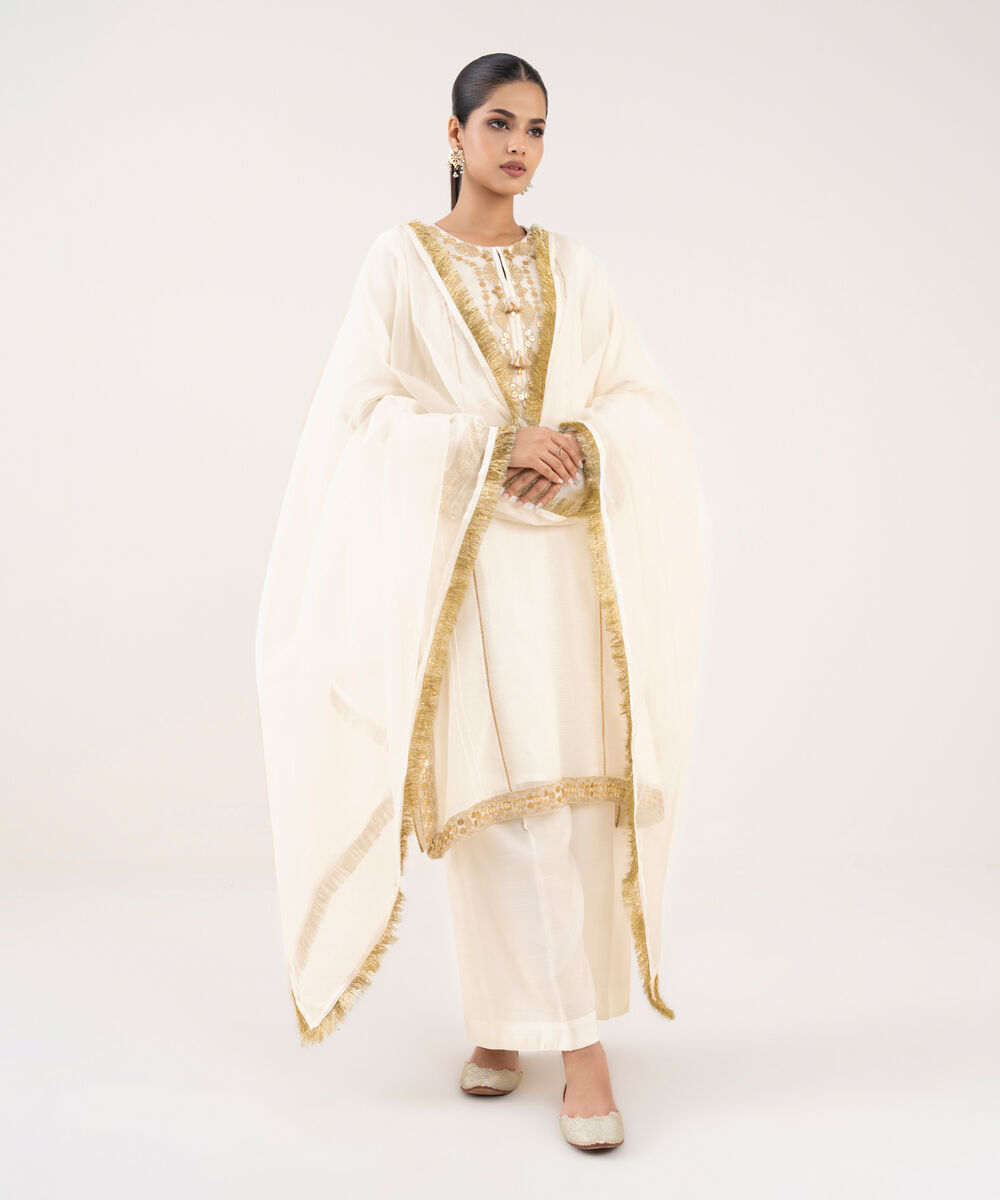 Women's RTW Khaddi Net Off White Embroidered 3 Piece Suit