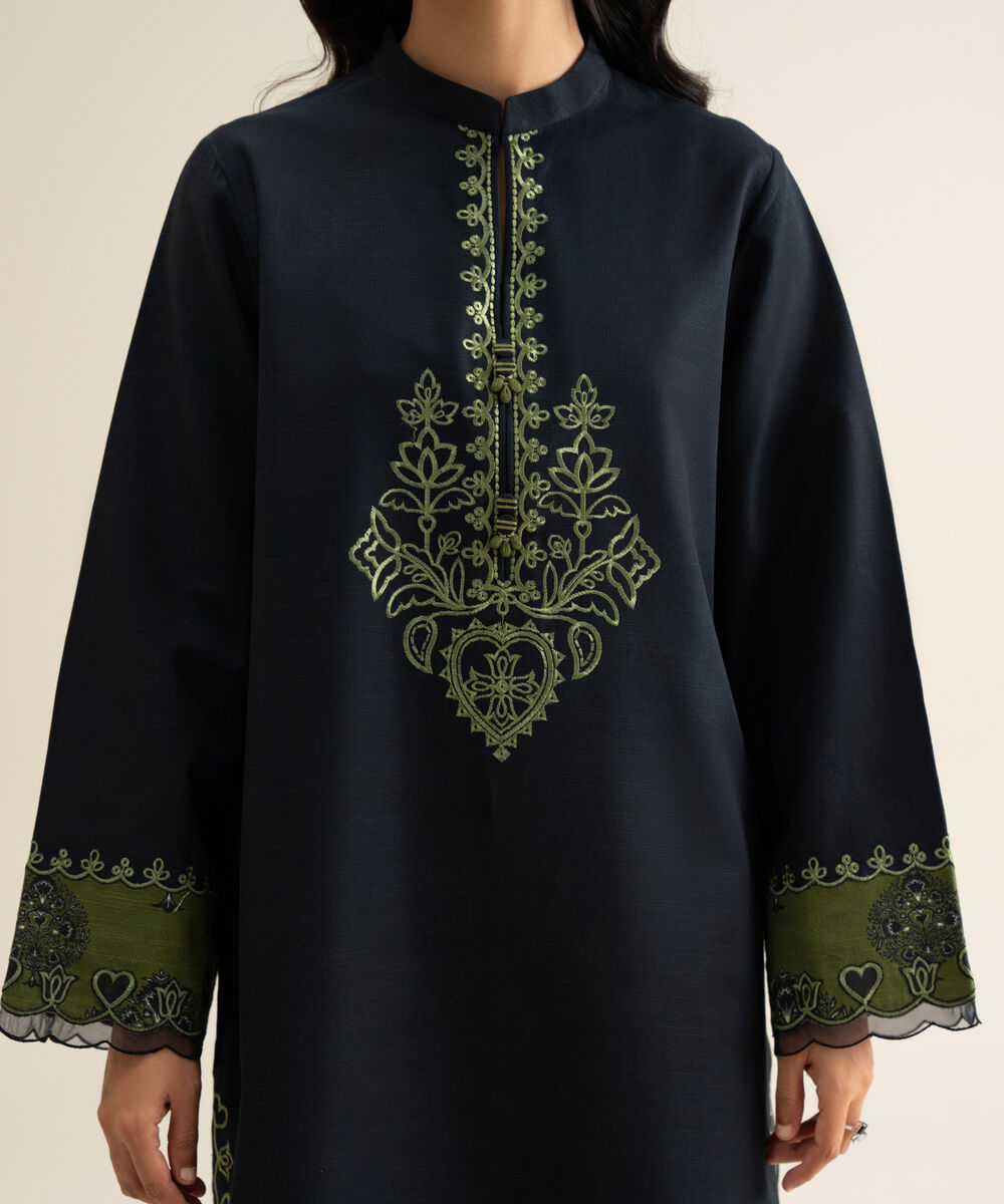 Women's Unstitched Light Khaddar Embroidered Black 2 Piece Suit