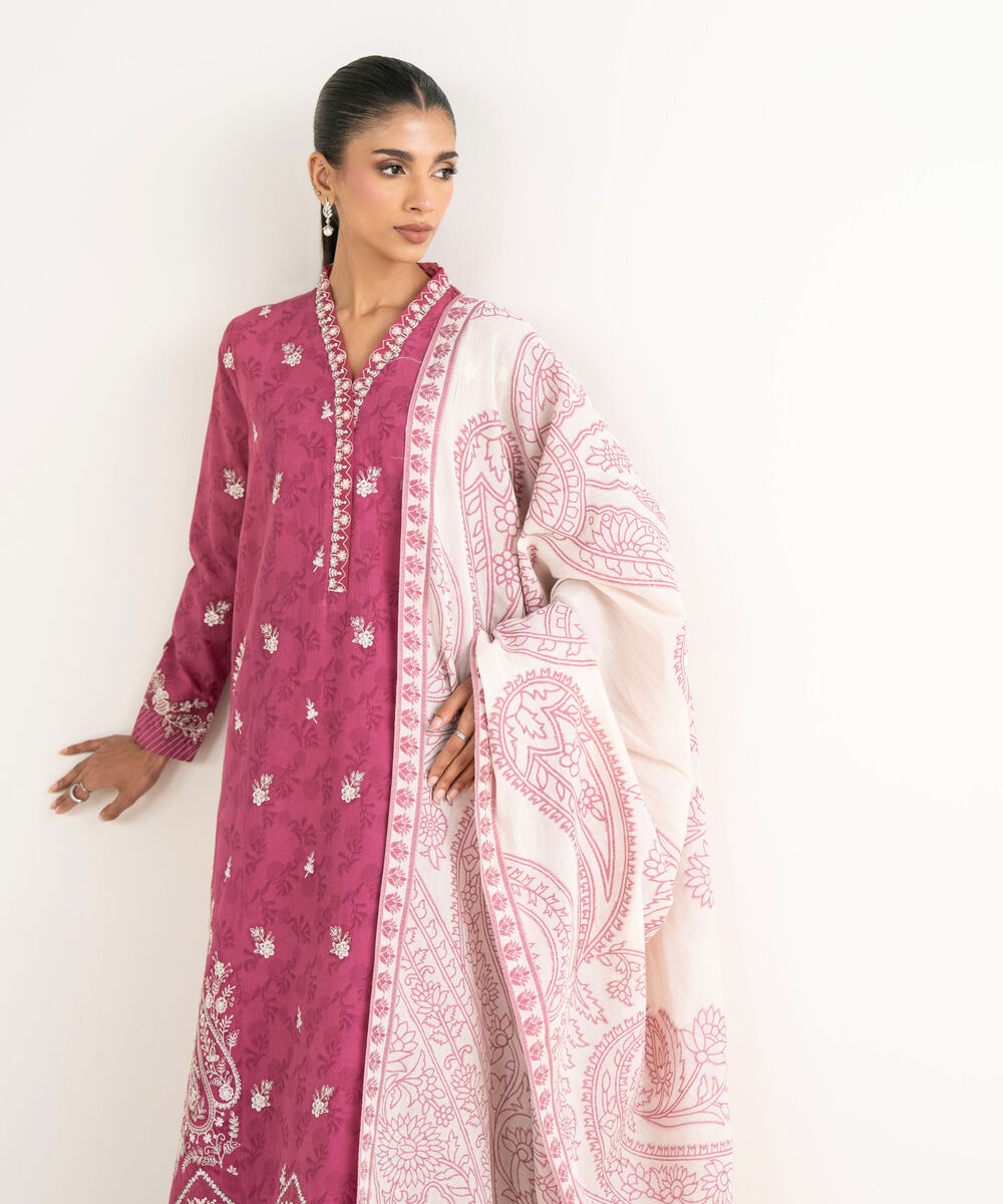 Women's Unstitched Cotton Jacquard Embroidered Pink 3 Piece Suit