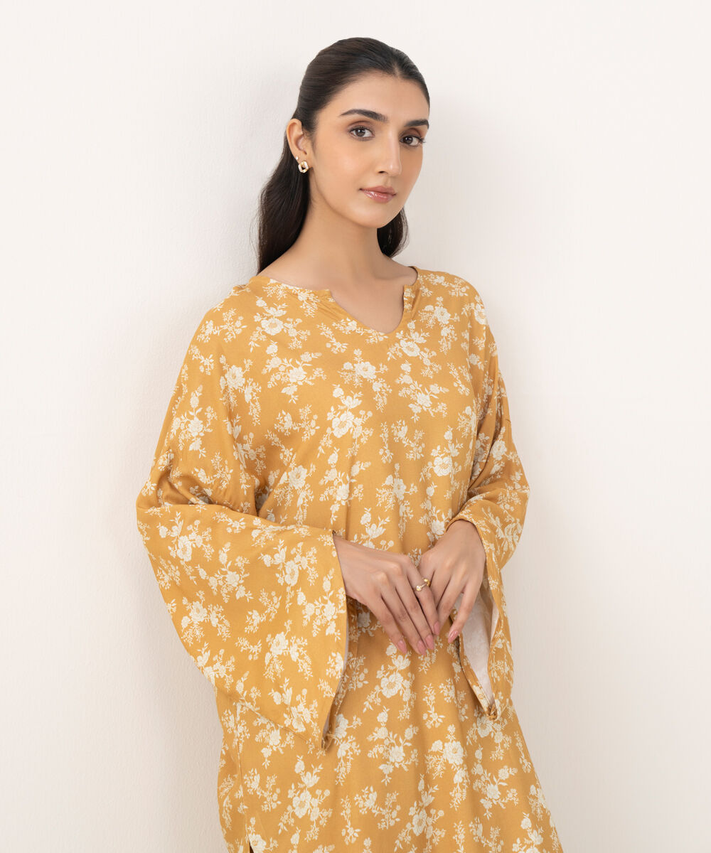 Women's RTW Linen Viscose Printed Yellow Drop Shoulder Shirt