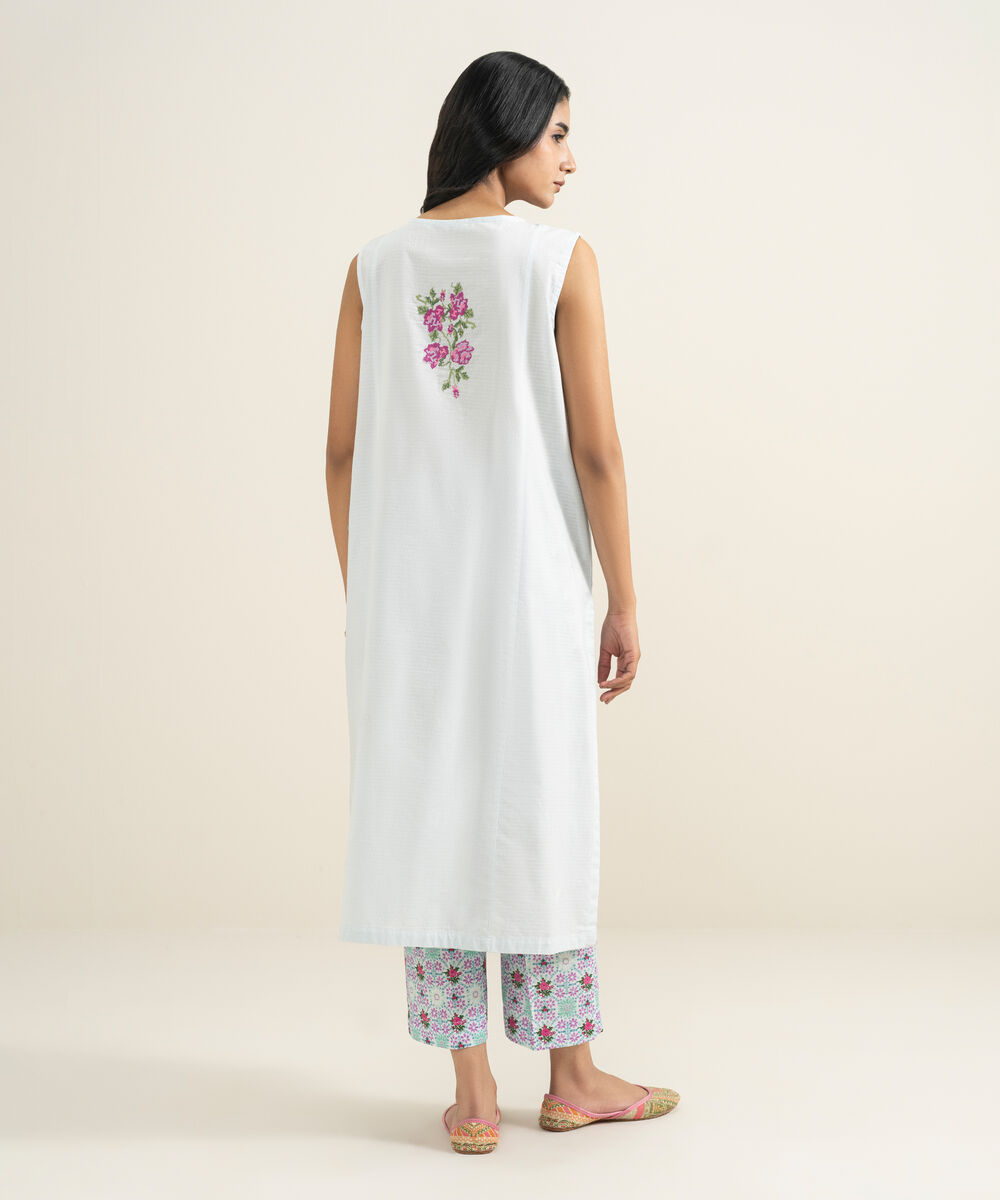 Women's RTW Dobby Embroidered Blue Straight Shirt