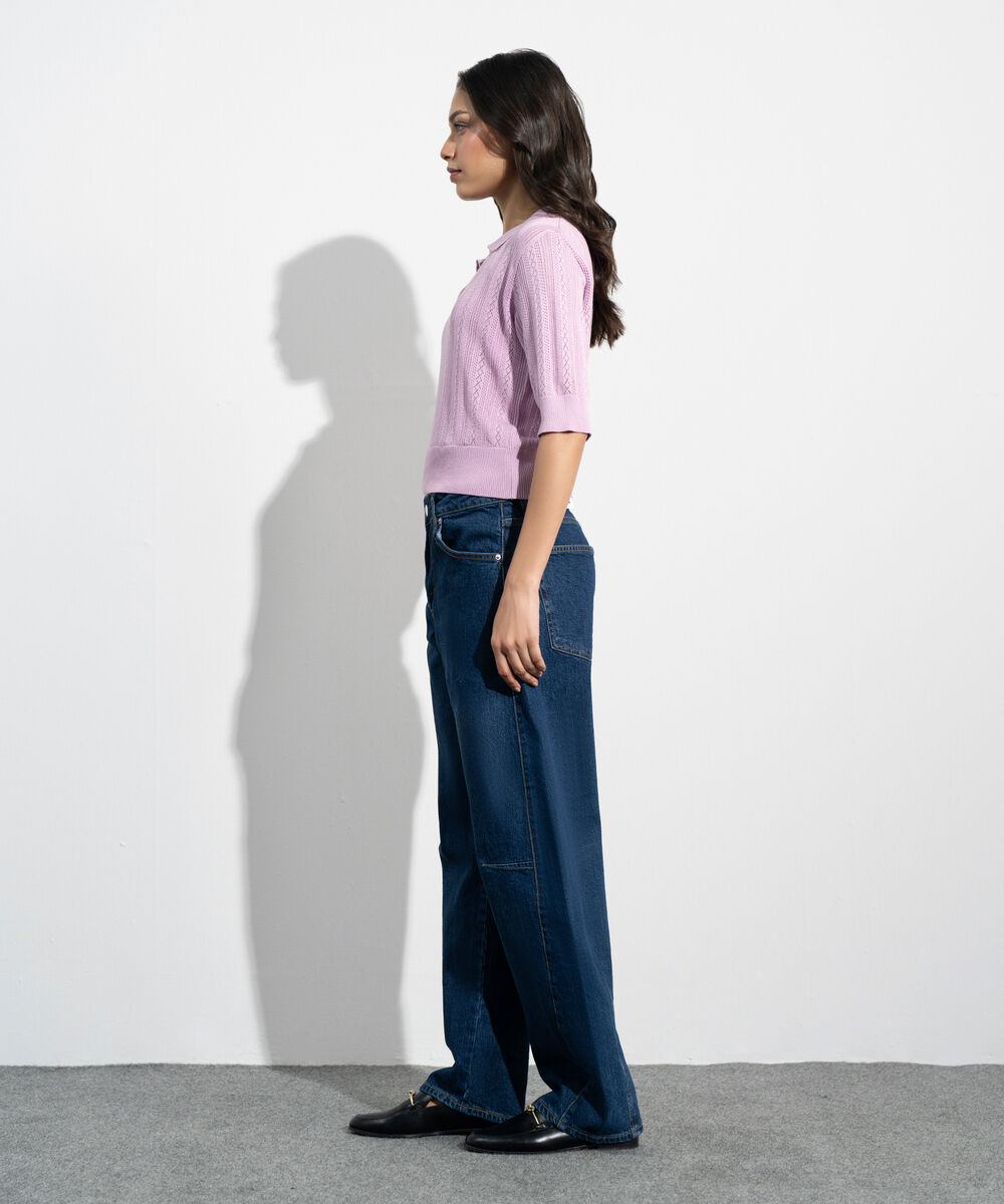 Women's Western Pink Pointelle Summer Knit Polo Top