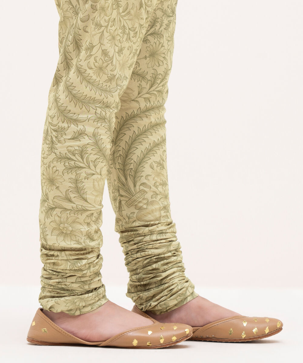 Women's RTW Cotton Viscose Beige Printed Chooridar Pants