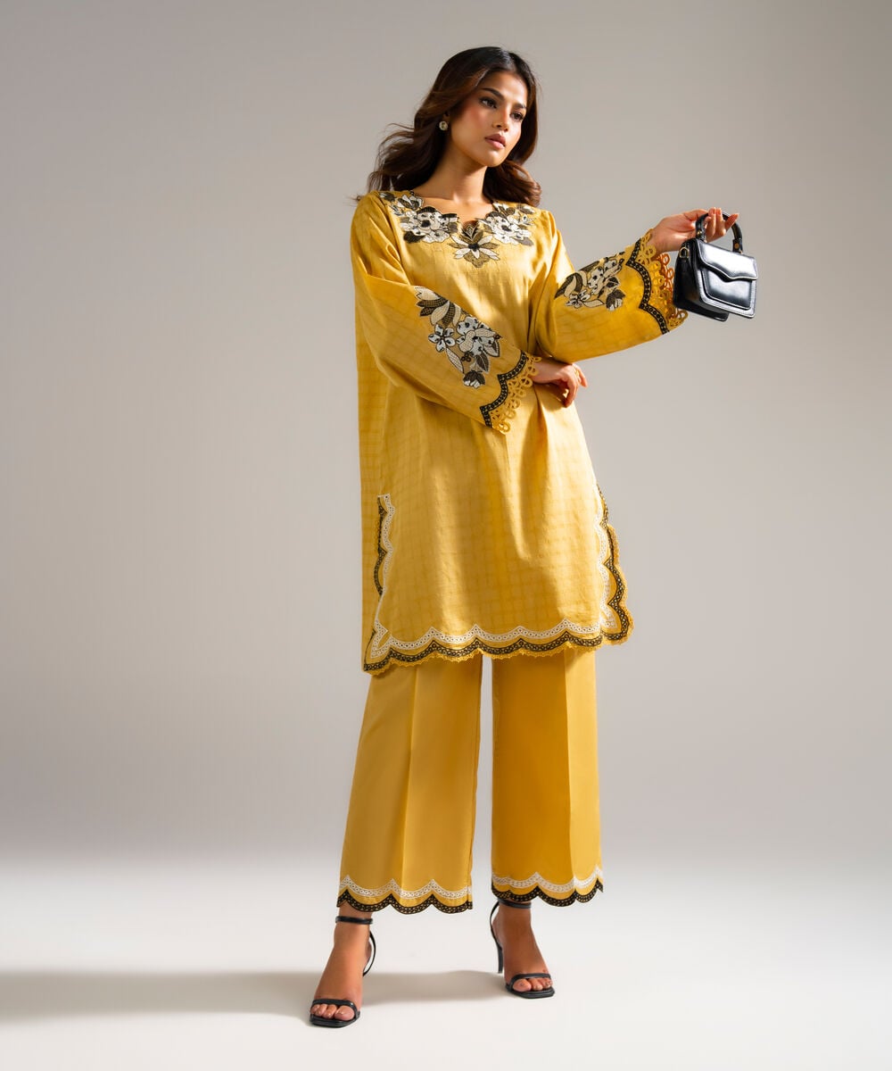 Women's RTW Dobby Embroidered Beige 2 Piece Suit