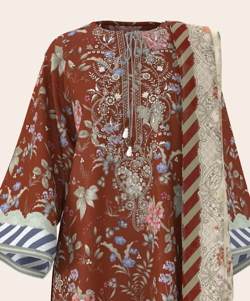 Women's Unstitched Lawn Rust Brown  Embroidered 3 Piece Suit